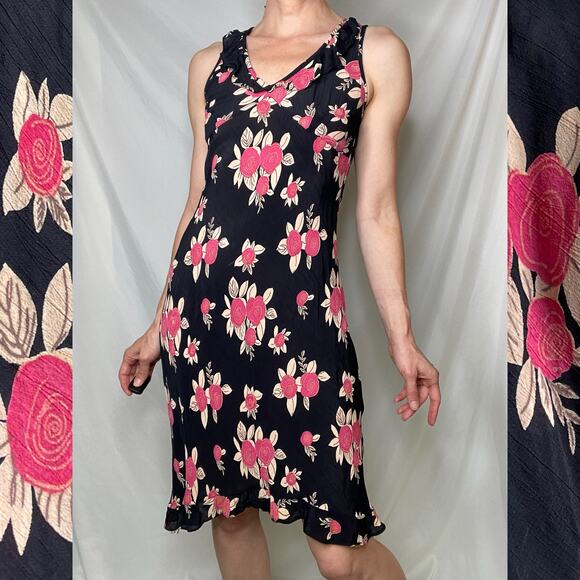 Vintage Y2K abstract rose floral print bias cut ruffle dress black pink Angie S - Picture 1 of 16